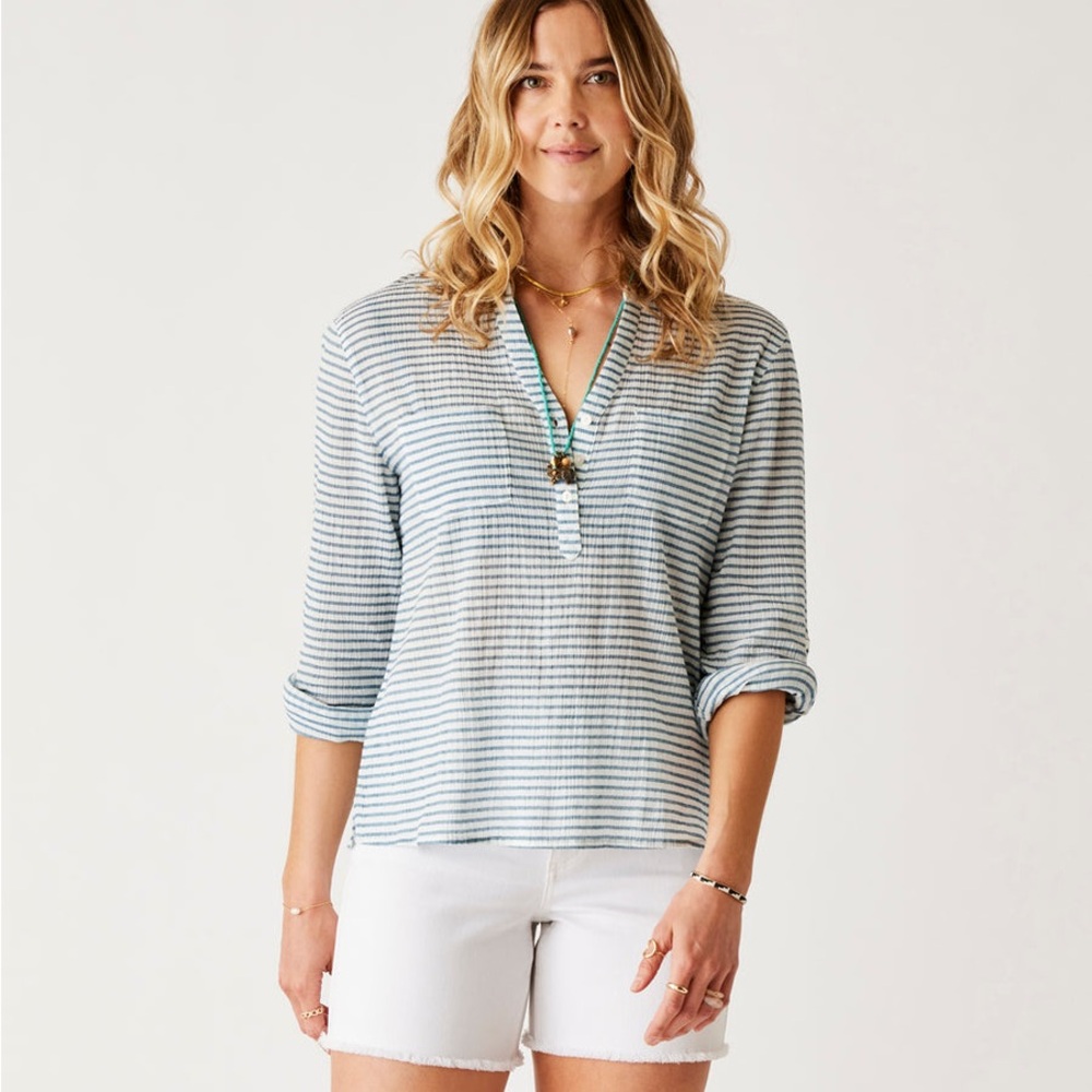 Carve Designs Blue and White Polo Blouse with Cuffed Sleeves